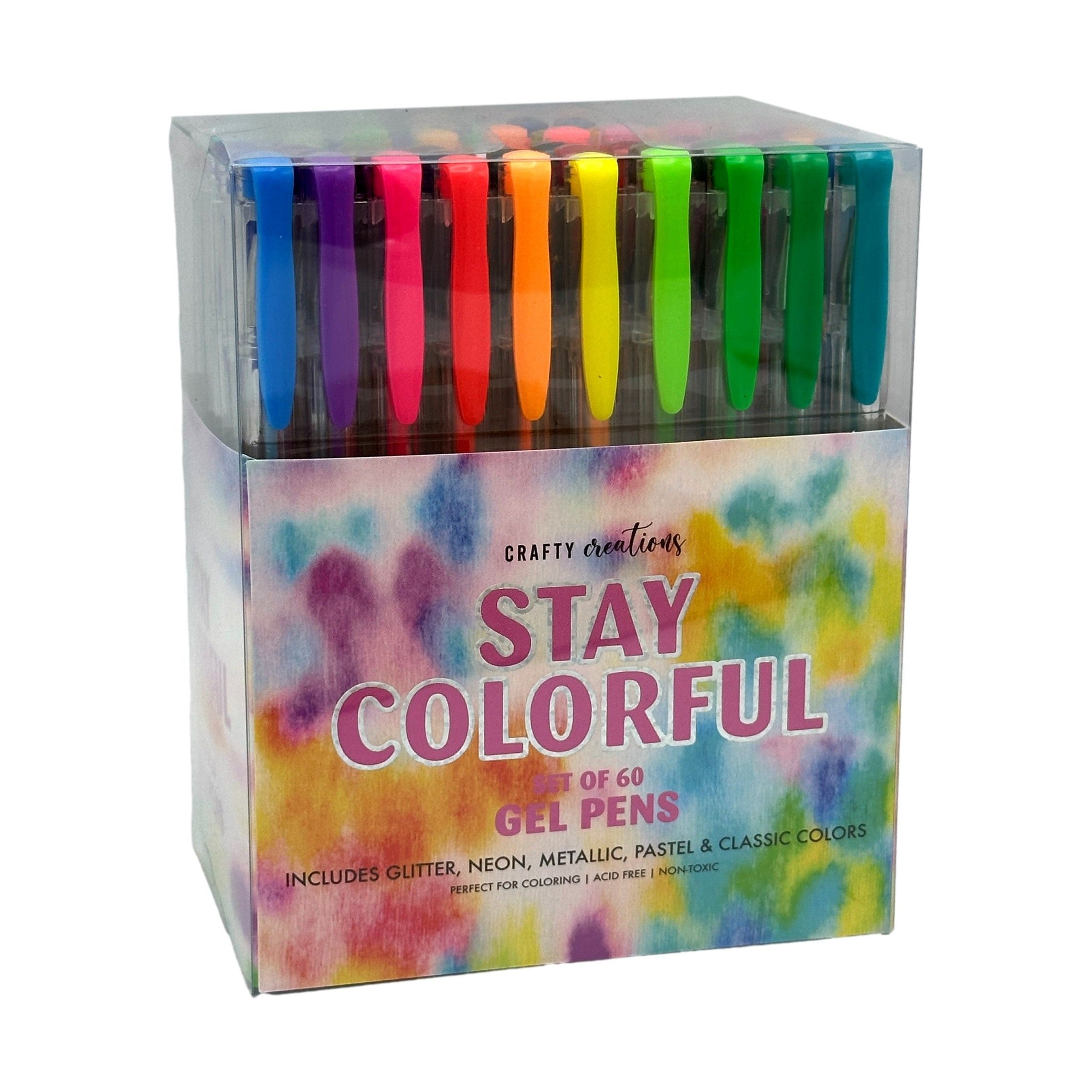 Colorful set of gel pens in clear plastic packaging with a tie-dye box.